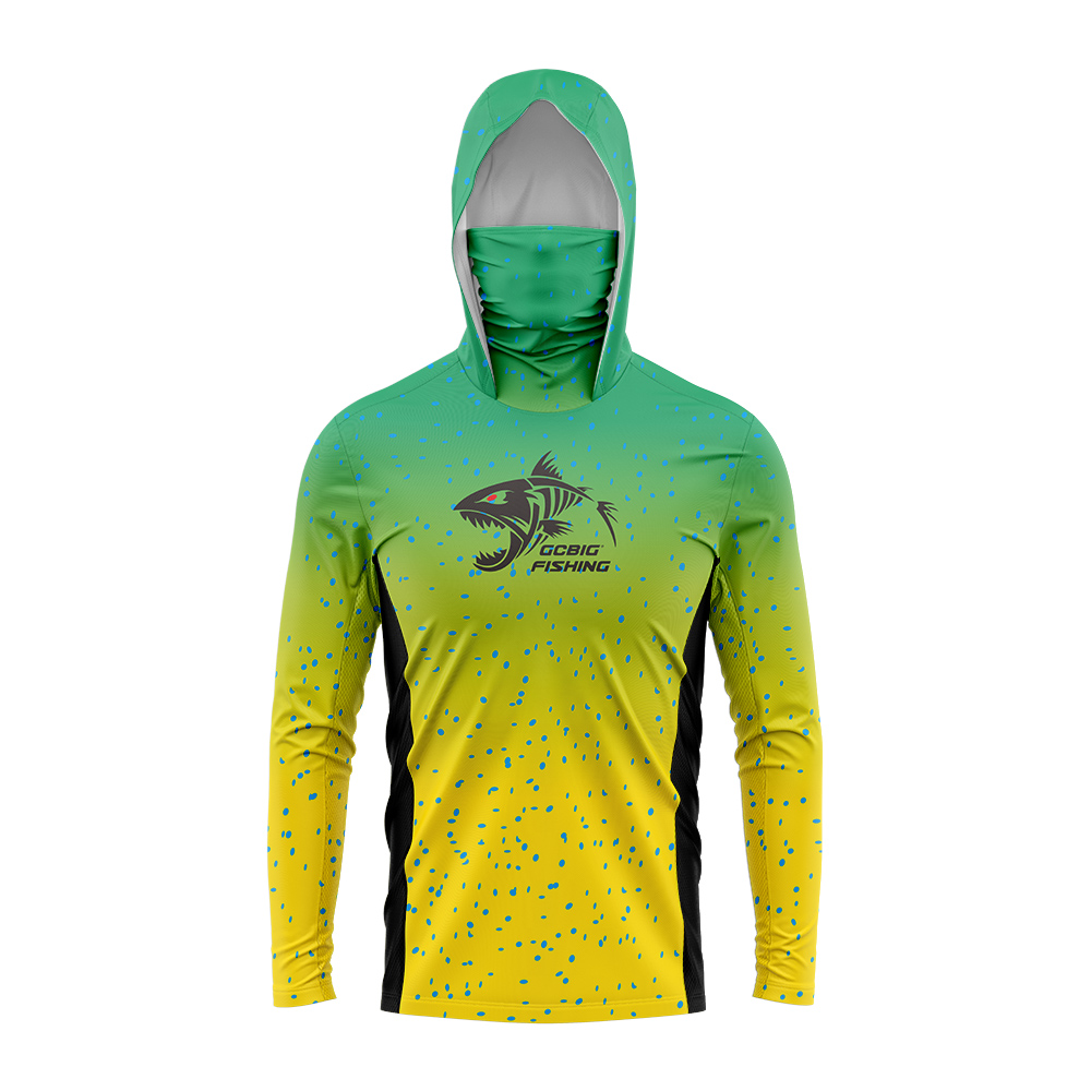 Fishing Hoodie - グラデーションの緑と黄色のスケルトンフィッシュ柄メンズフィッシングフード付きシャツ、内蔵フェイスカバー、日焼け防止、速乾性、長袖トップス